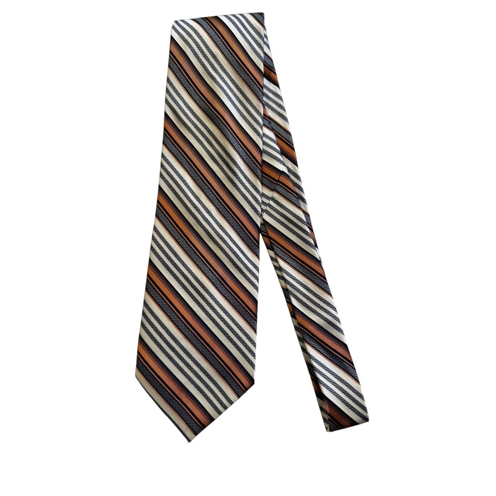Pronto Uomo Mens Silk Tie Orange Cream Navy Blue Striped Geometric Necktie